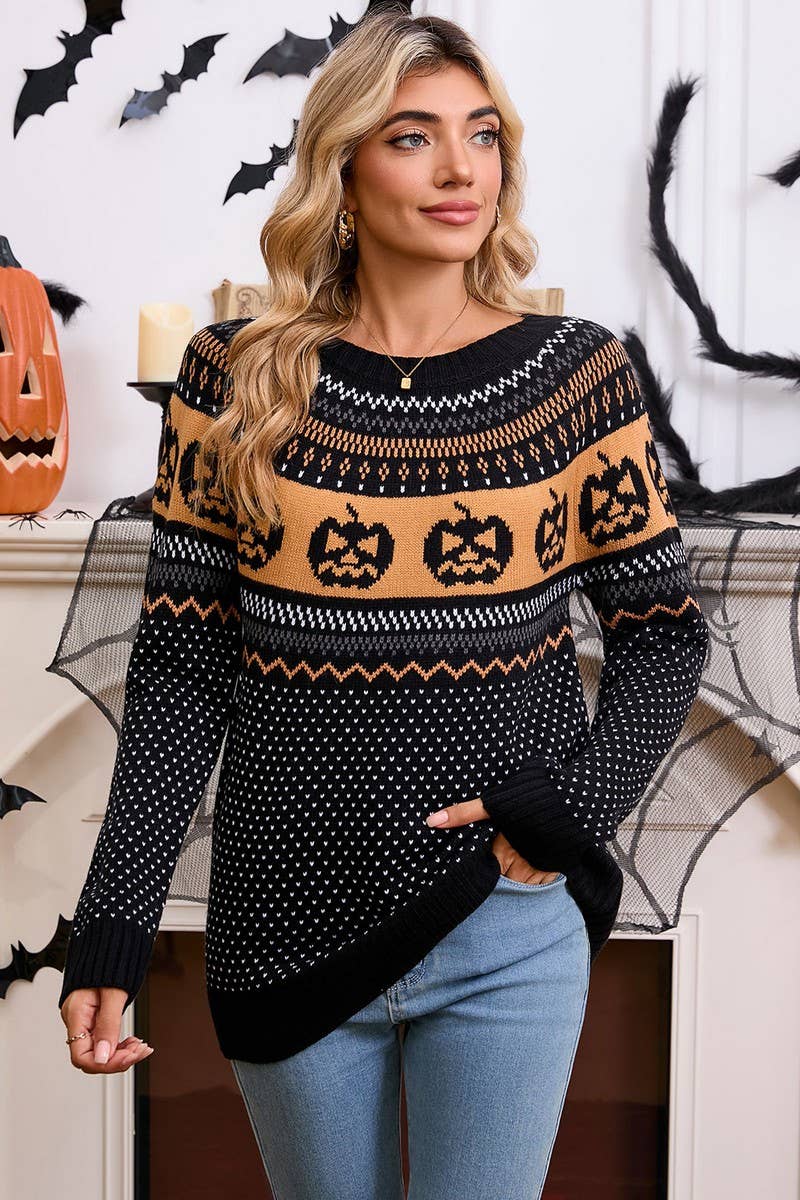 CWOSWL07354_HALLOWEEN PUMPKIN EMBROIDERED POLKA DOT SWEATER