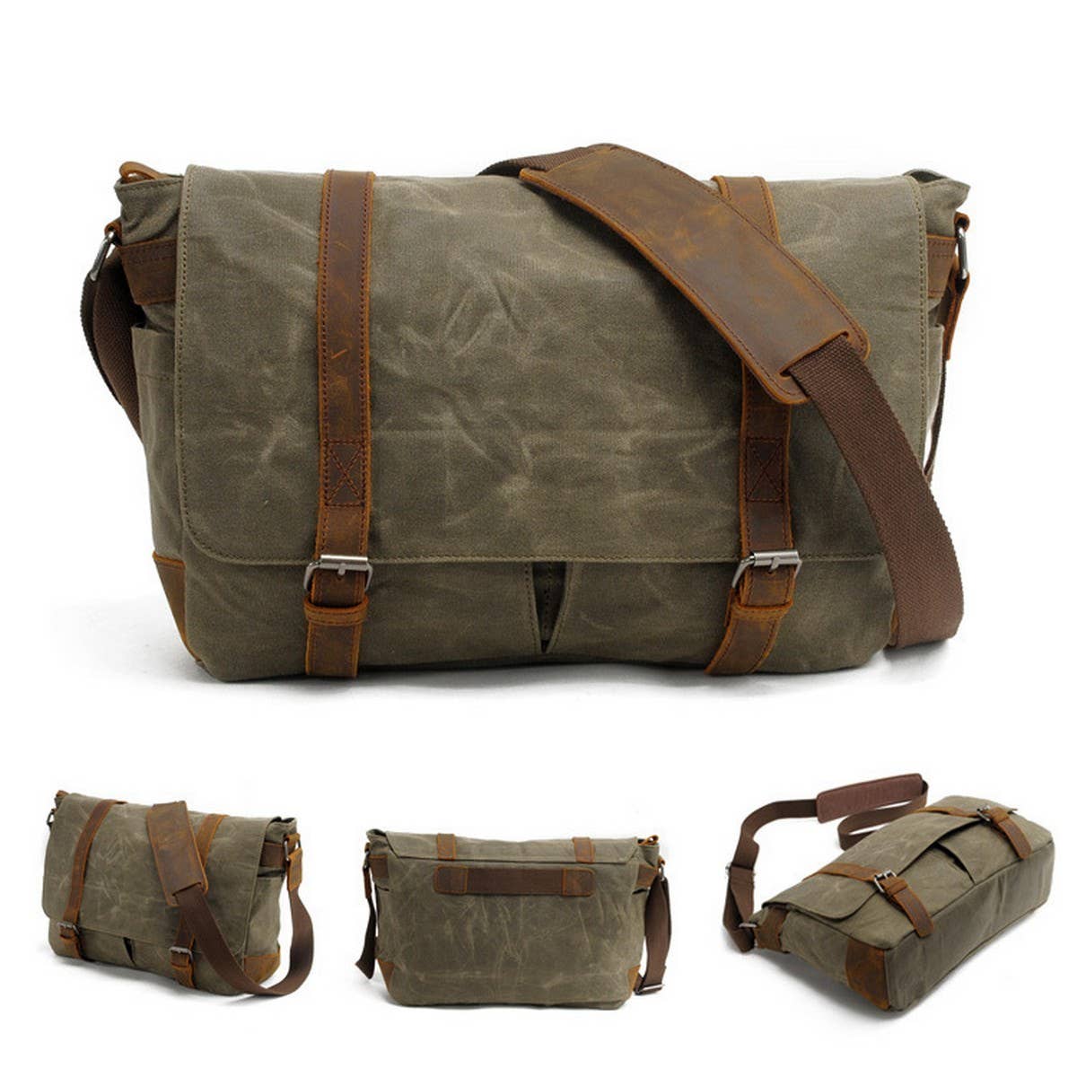 Waxed Canvas Laptop Satchel with Leather Trim_CWAB5568