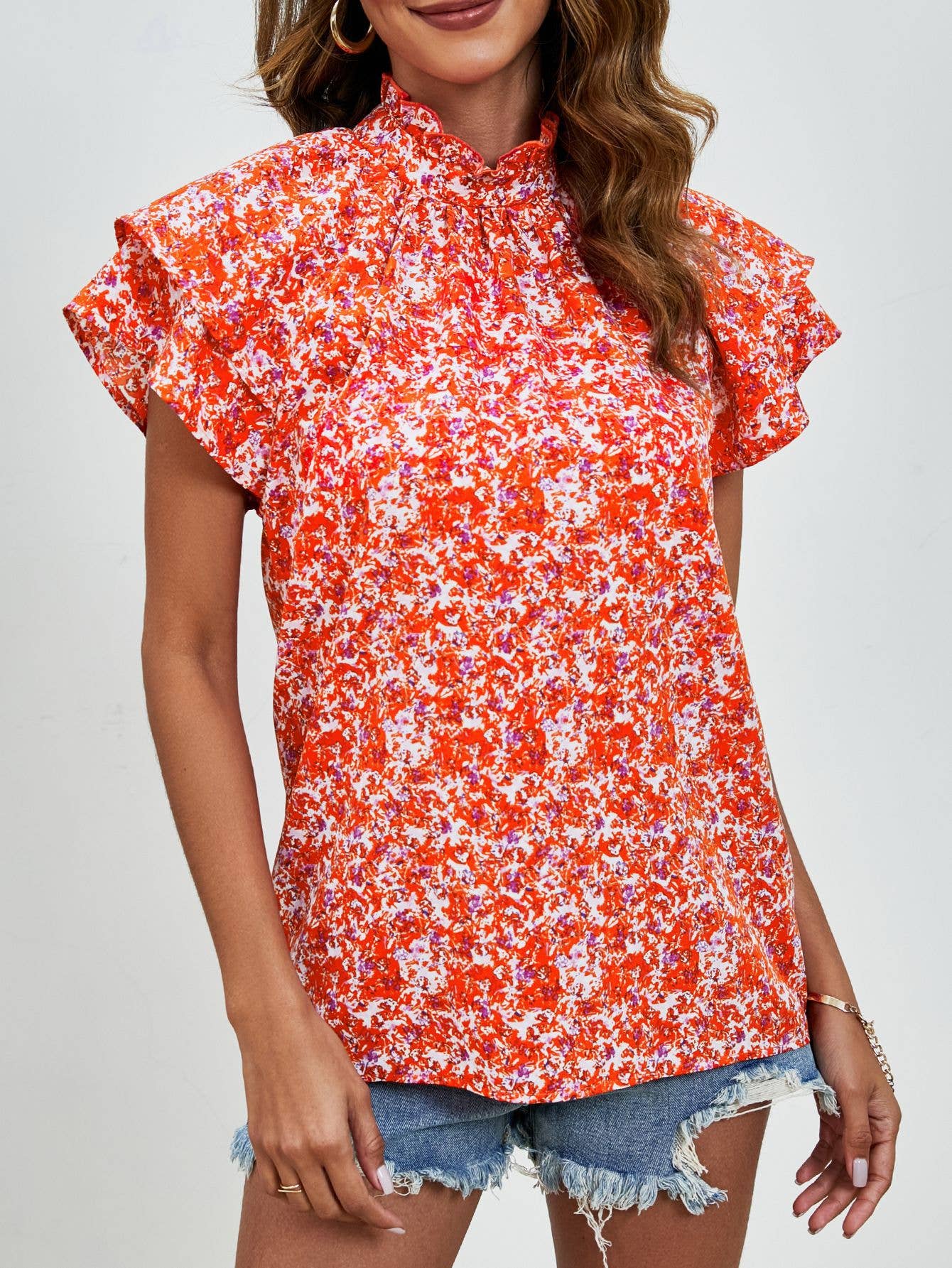 Semi-high-neck double-sleeved loose printed top