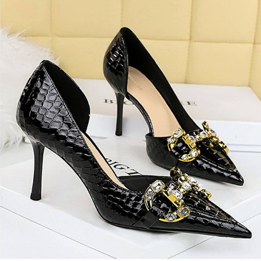 WOMEN METAL RHINESTONE BUCKLE HIGH HEELS