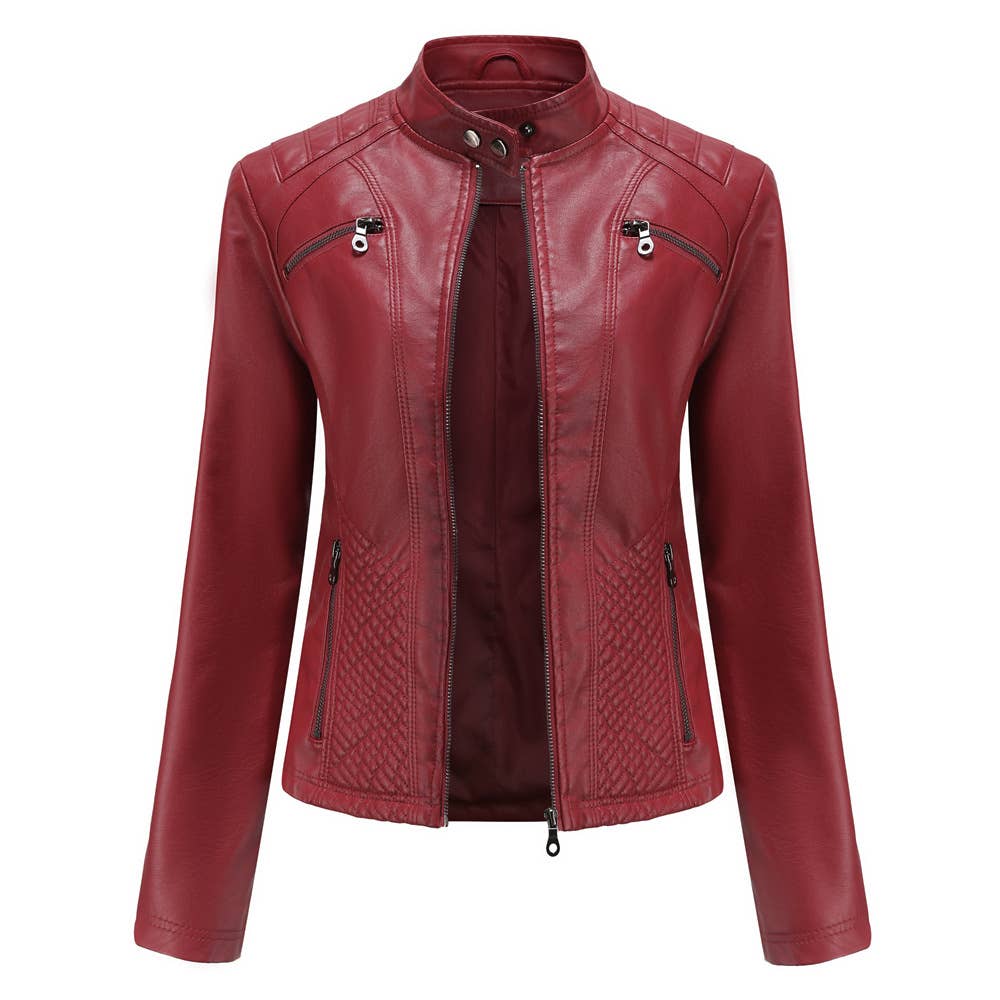 Women's leather stand-up collar jacket