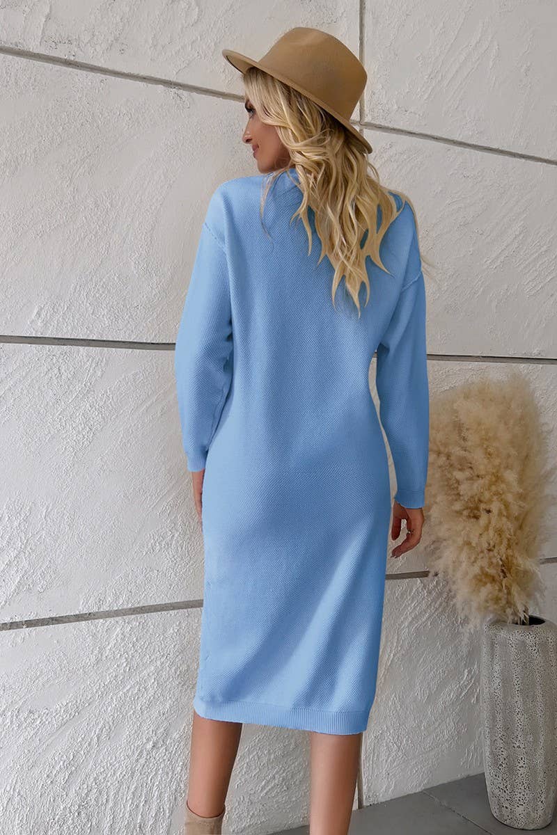 WOMENS CASUAL ROUND NECK BUTTON UP SWEATER DRESS_CWDMD0708