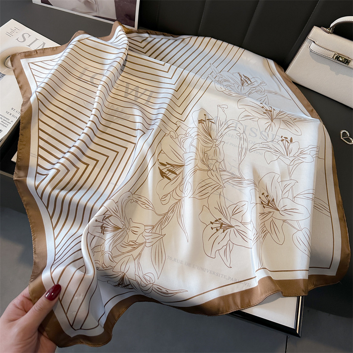 Lily Print Satin Square Scarf for Summer Sun