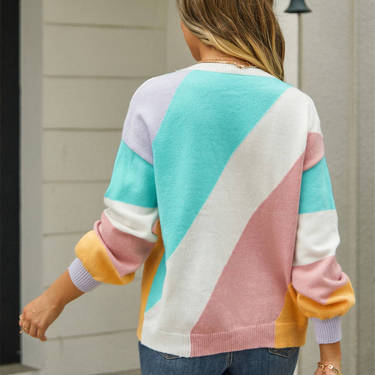 STRIPED PATCHWORK STYLISH CREW NECK SWEATER