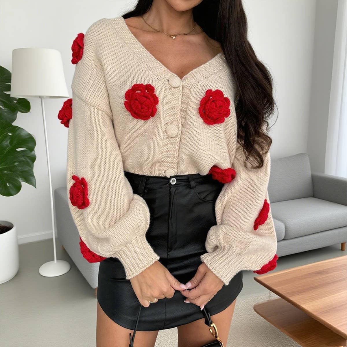 V-neck single-breasted floral knitted cardigan