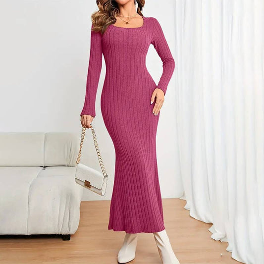 SQUARE COLLAR SOLID COLOR LONG LONG-SLEEVED DRESS