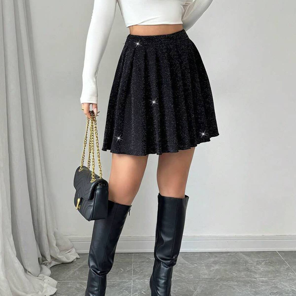WOMEN'S CASUAL A-LINE PLEATED SPARKLY BLACK SKIRT