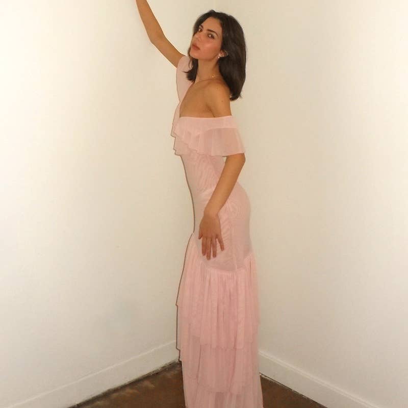 Ruffled V-Neck Mesh Backless Midi Dress