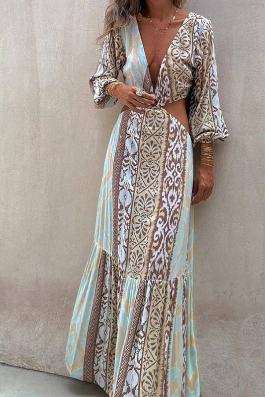 CWDMD5861_V-NECK OPEN WAIST TIE LONG SLEEVE DRESS