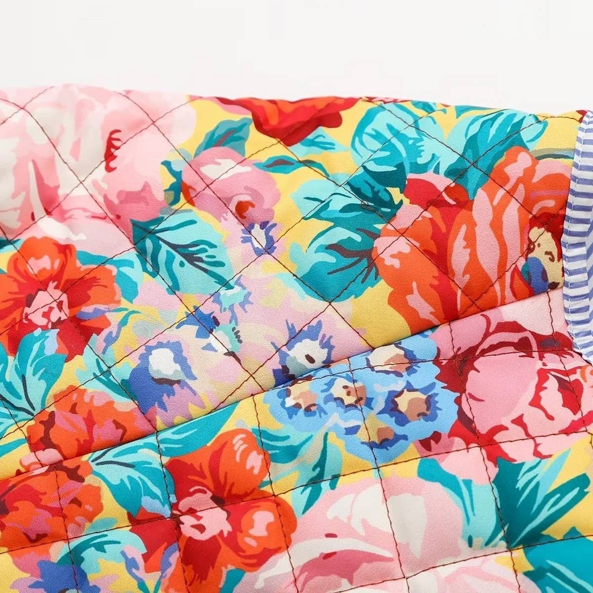 FLORAL PRINT CREW NECK PUFF SLEEVE QUILTED JACKETS