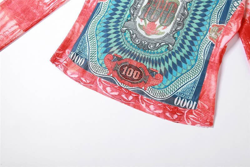 Fashion Print Colorblock Mesh Long Sleeve Top