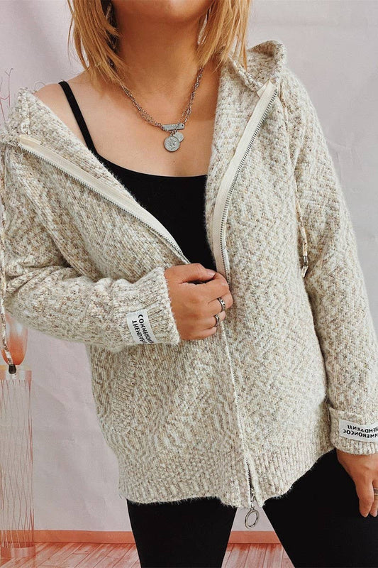 Hooded drawstring zipper pocket knit cardigan