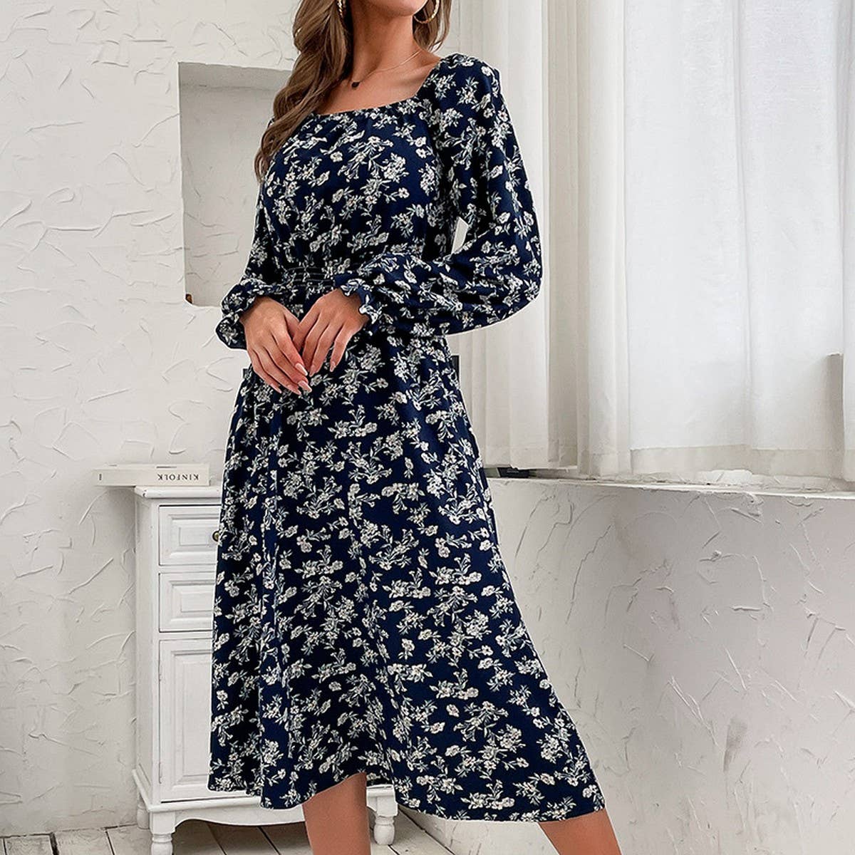 Long-sleeved one-shoulder floral dress