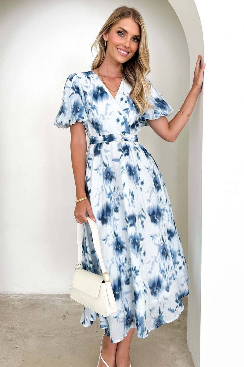 CWDMD5557_ELEGANT V-NECK PUFF SLEEVE FLORAL DRESS