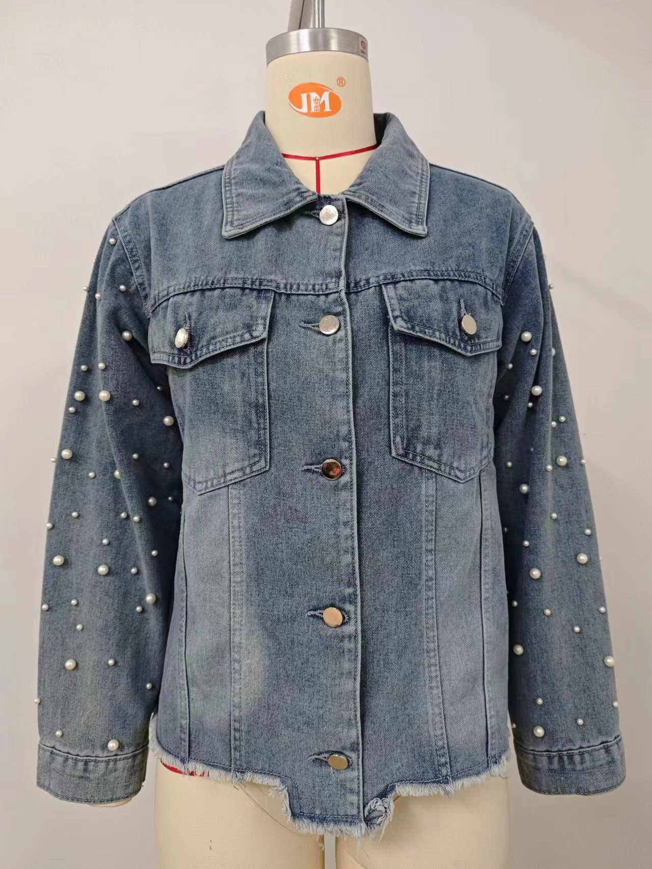 Washed beaded long-sleeved casual denim jacket