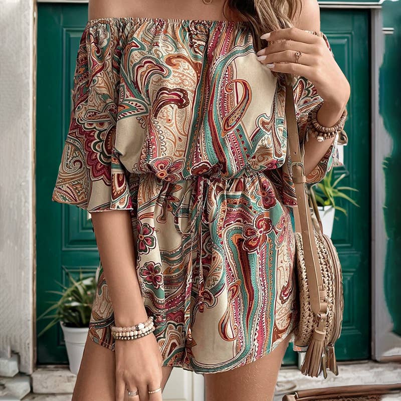 ETHNIC STYLE PRINTED ONE-LINE COLLAR JUMPSUIT