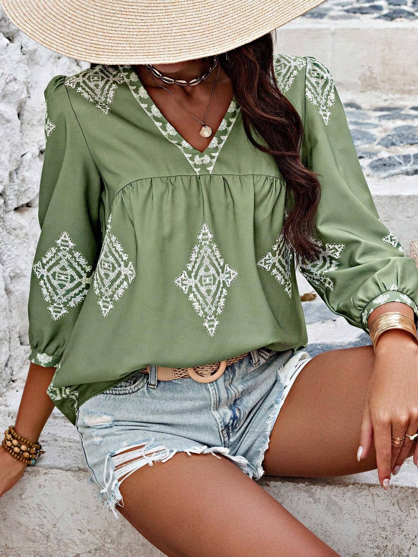 Stylish printed bag seven-point sleeve V-neck top