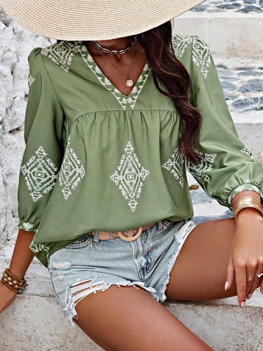 Stylish printed bag seven-point sleeve V-neck top