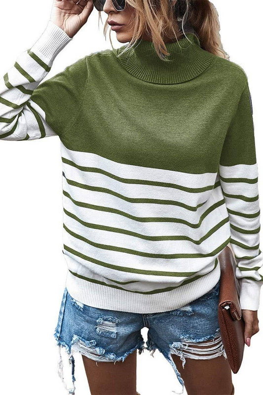 Cwoswl3464_Turtleneck Striped Colorblock Knit Sweater