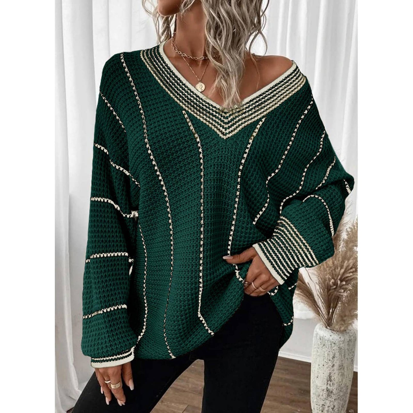 KNITTED V-NECK STRIPED PULLOVER SWEATER