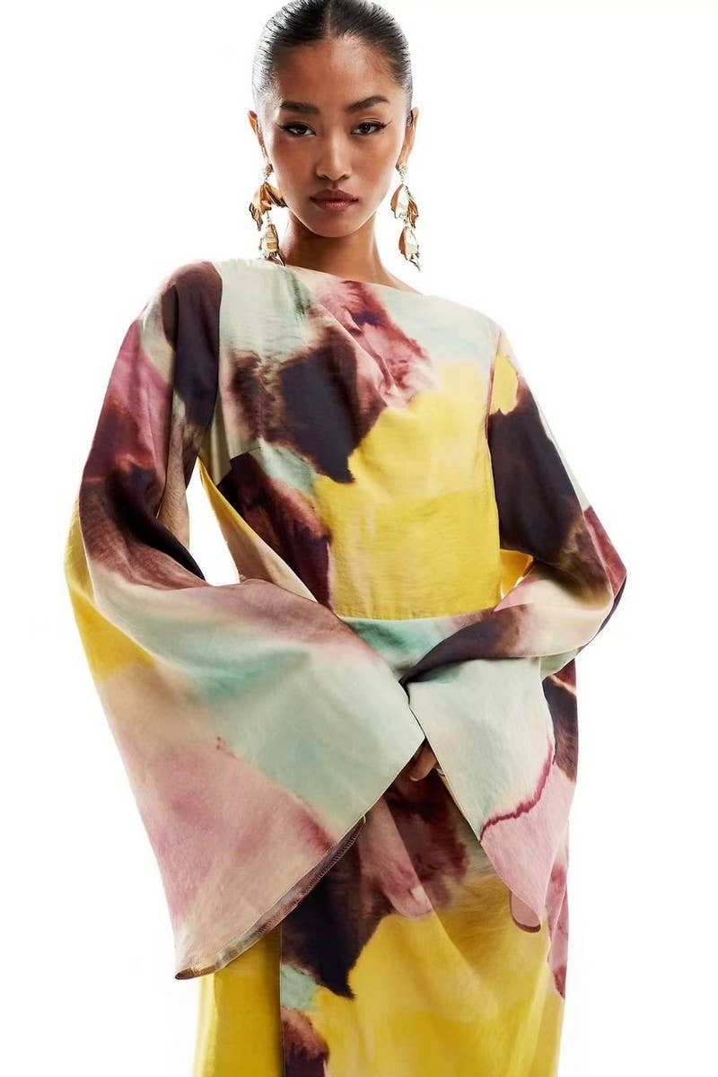 CWDMD6069_PLEATED FLORAL BELL SLEEVE LONG MAXI DRESS