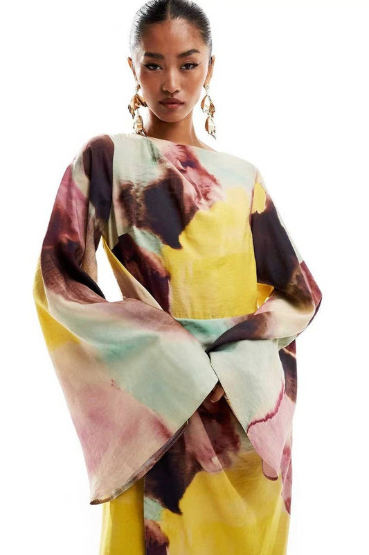 CWDMD6069_PLEATED FLORAL BELL SLEEVE LONG MAXI DRESS