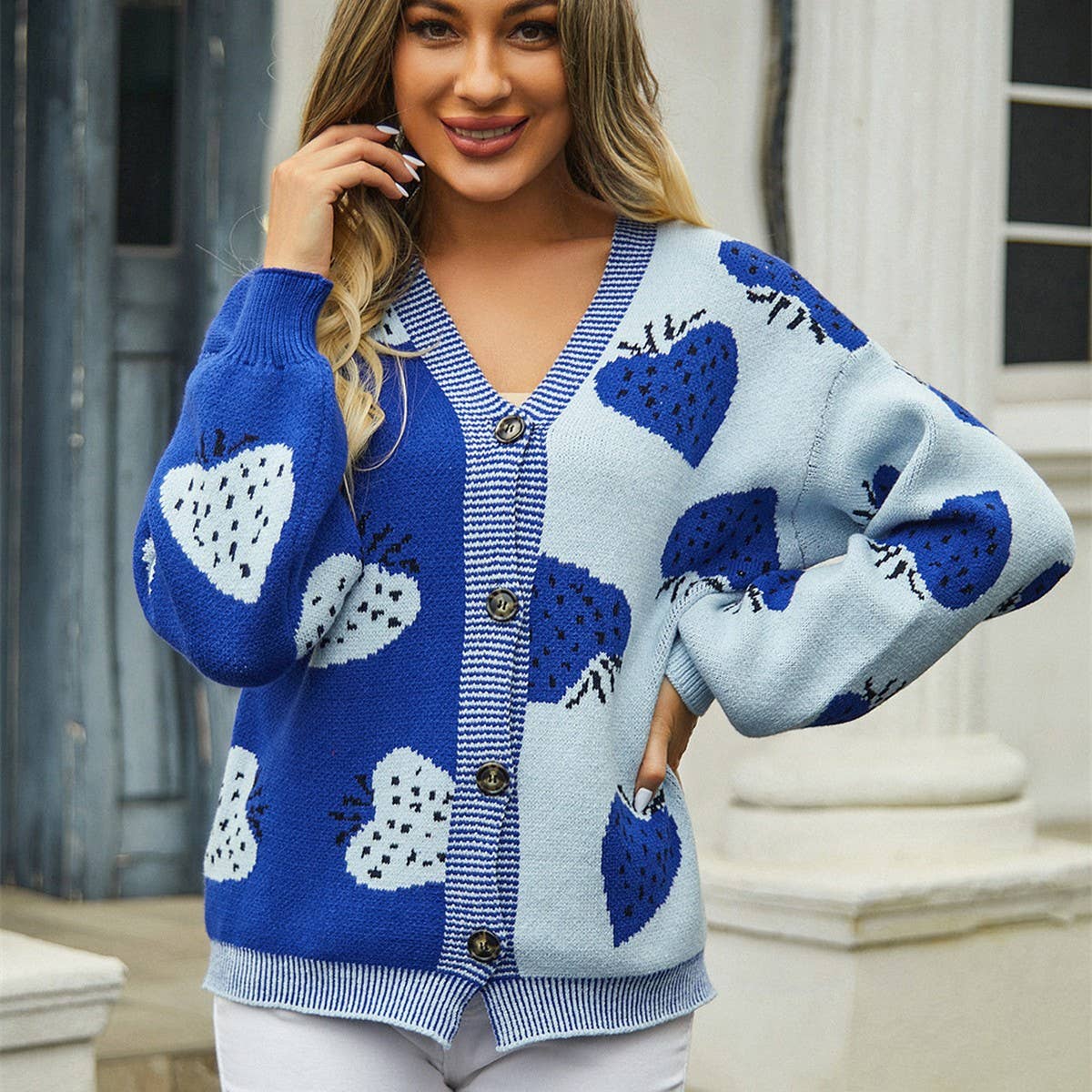 V-neck button-up cardigan strawberry coat sweater