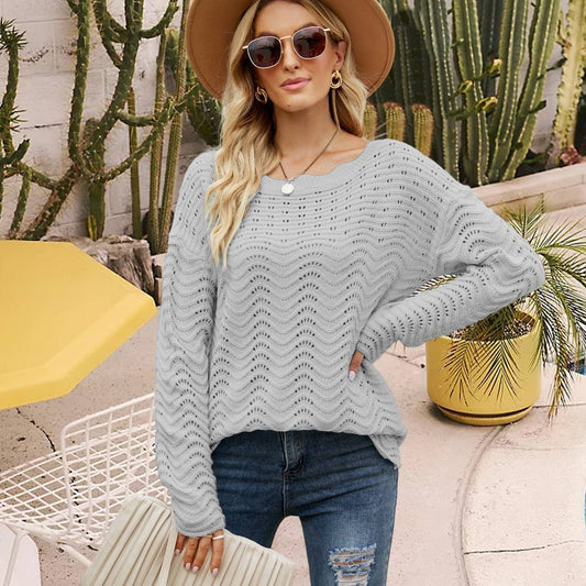 Hollowed-out pullover lace line neck sweater