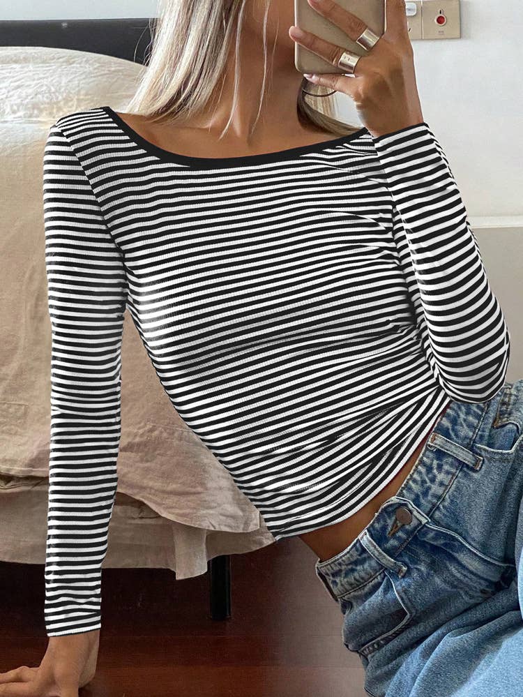 Y2K STRIPED COLOR CONTRAST BACKLESS T-SHIRT