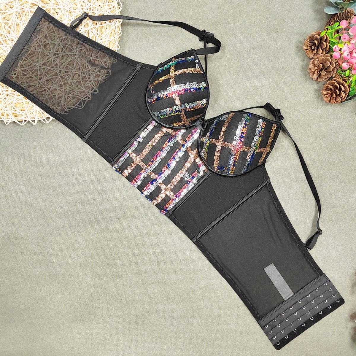 LACE EMBROIDERED SEQUINED HERRINGBONE CORSET