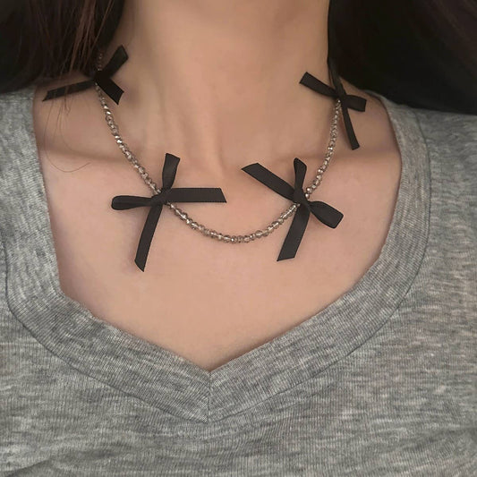 HAND-WOVEN BLACK CRYSTAL BEADED BOW NECKLACE