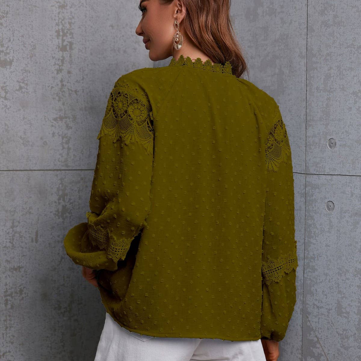 Lantern sleeve polka dot chiffon patchwork lace shirt