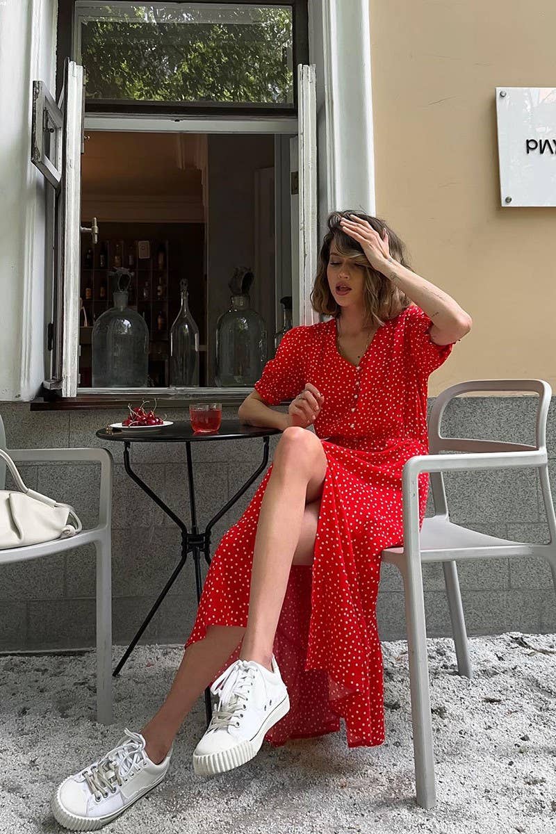 CWDMD5265_V-NECK POLKA DOT WAIST SLIM MIDI SPLIT DRESS