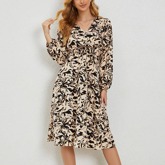 V-neck printed long-sleeved dress