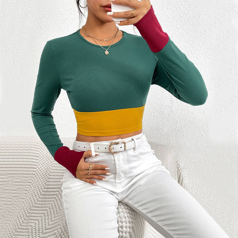 SLIM ROUND NECK SHORT PATCHWORK COLOR T-SHIRT