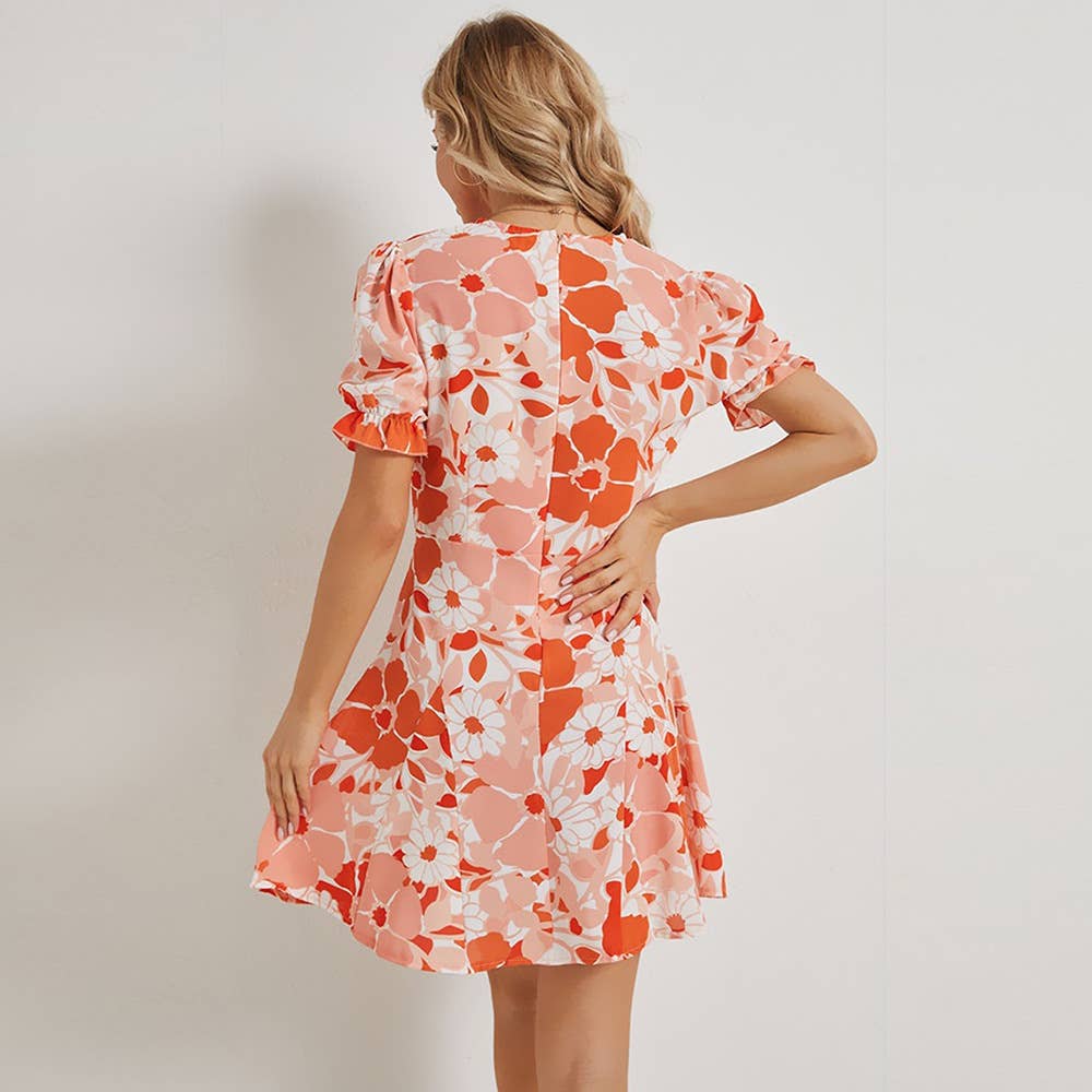 V-NECK PRINTED WAIST SKIRT DRESS