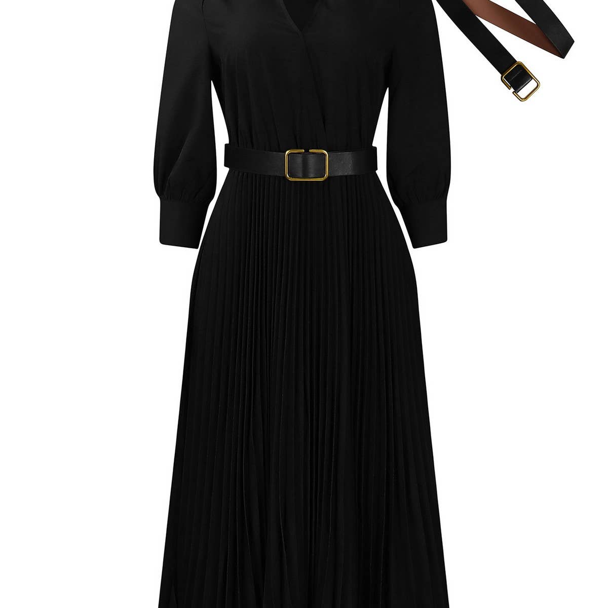 ELEGANT LAPEL SOLID COLOR WIDE HEM PLEATED DRESS