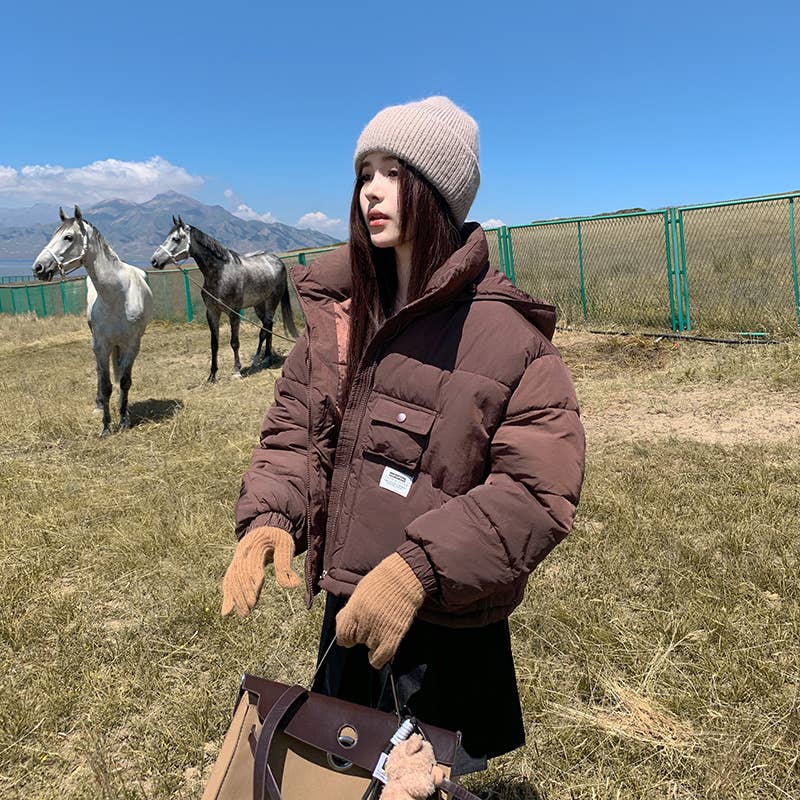 Stand collar hooded thick warm padded jacket