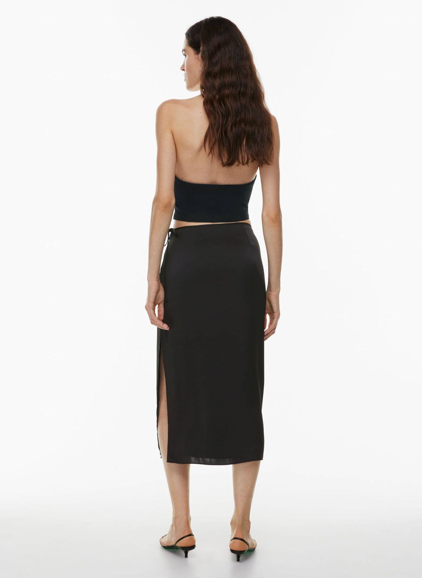 LACE UP SATIN SKIRT HIGH WAIST SLIT STRAIGHT SKIRT