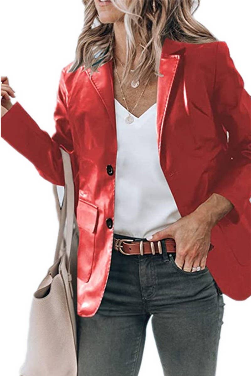 CWOCO0982_LAPEL SINGLE BREASTED SOLID COLOR PU LEATHER COAT