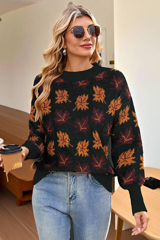 CWOSWL07299_CASUAL CREWNECK JACQUARD KNIT SWEATER WITH LEAF