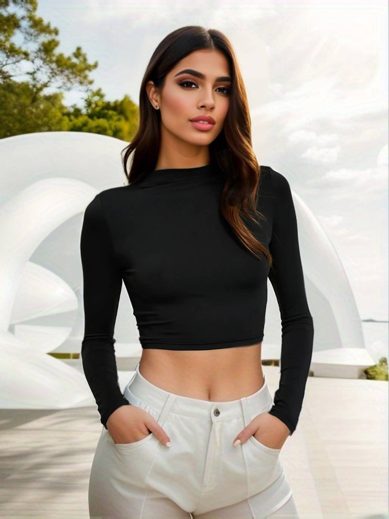 SLIM MIDRIFF HIGH-NECK SHORT LONG-SLEEVED TOP