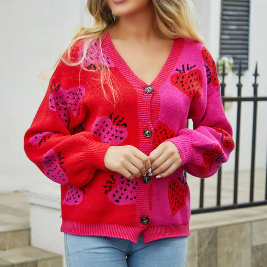 V-neck button-up cardigan strawberry coat sweater