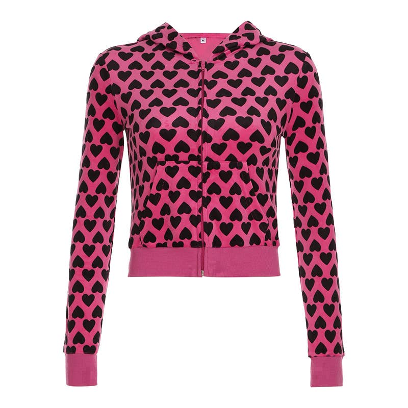 Y2K LOVE PRINTED SUEDE PERSONALITY ZIPPER HOODIE