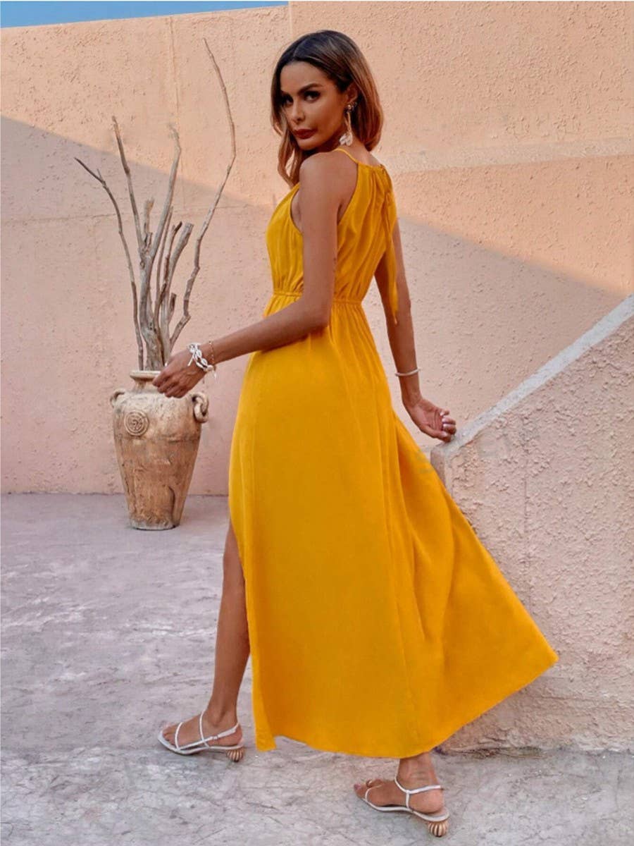 Solid color slit thigh long sexy halter dress