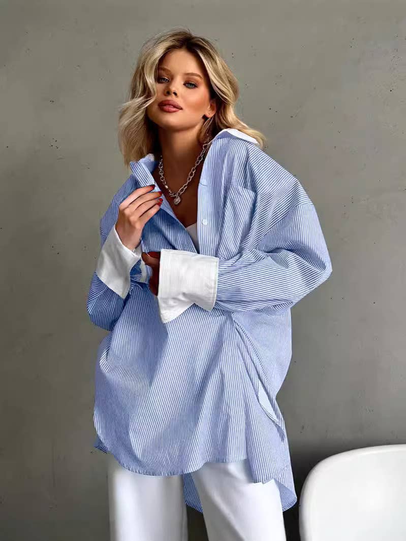 LAPEL BLUE AND WHITE STRIPED SLOUCHY CASUAL SHIRT