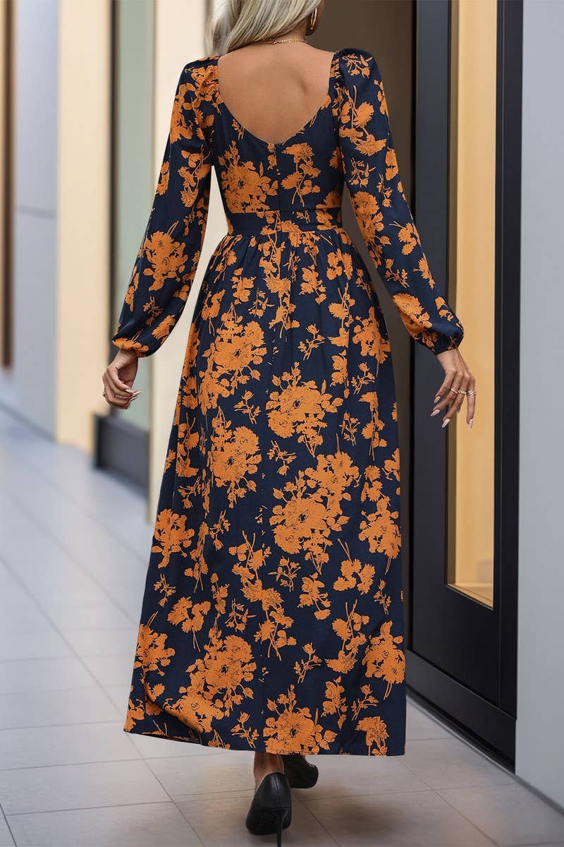 CWDMD4865_NEW AUTUMN LONG SLEEVE V-NECK PRINTED DRESS