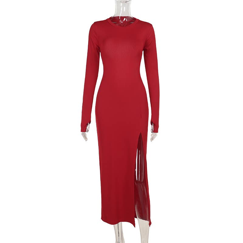 KNIT CREW NECK SPLIT LONG SLEEVE HALTER DRESS