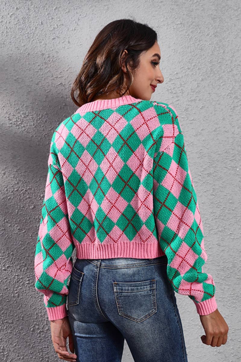 CWOCAL2048_DIAMOND CHECK LONG-SLEEVED CARDIGAN SWEATER