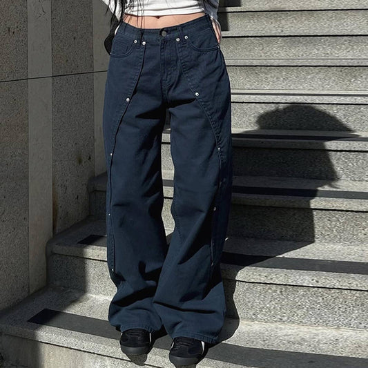 RIVET SPLIT LOW-RISE BAGGY DROP WIDE-LEG JEANS